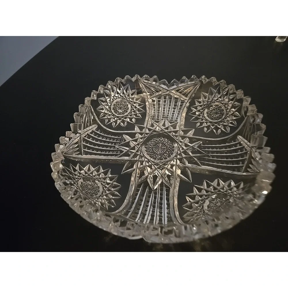 Antique American Brilliant Cut Glass Hobstar File Heavy Candy Bowl‎ Dish Estate